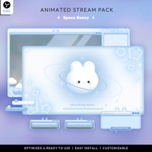 Puede incluir: Un paquete de transmisión animado con un tema de conejito espacial. El diseño presenta una combinación de colores azul claro con un lindo personaje de conejito rodeado por un anillo planetario. Incluye superposiciones animadas, botones con texto como "donate" y "about me".