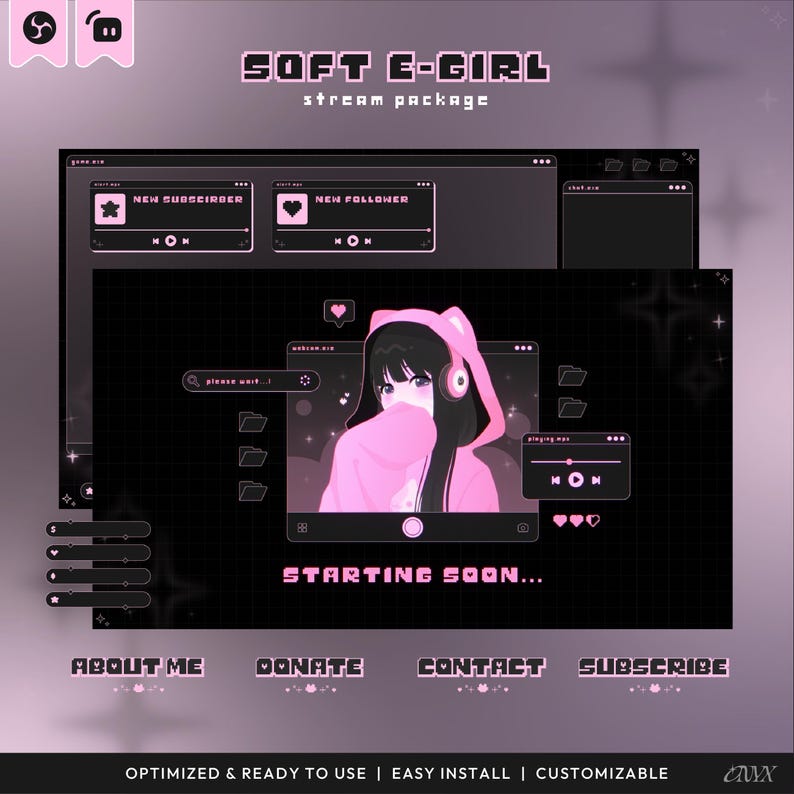 SOFT E-GIRL: Cute Cyber Pastel Twitch Overlay Pack, Anime Stream ...