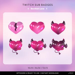 Puede incluir: Conjunto de seis insignias de suscripción de Twitch en forma de corazón rosa. Las insignias incluyen un corazón roto, un corazón sólido y corazones con cuernos, alas y colas de diablo. El texto en la parte superior dice "TWITCH SUB BADGES" y "Devilish Love".