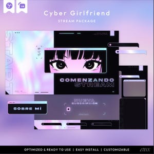 May include: A digital stream package named "Cyber Girlfriend" in purple and black. The design features anime-style eyes, text in multiple languages, and various overlay elements for streaming.