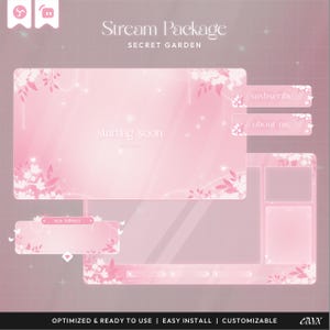 Pode incluir: Um pacote de streaming intitulado Stream Package Secret Garden com um fundo de gradiente rosa suave e detalhes de flores e borboletas brancas. Inclui uma tela de starting soon, molduras de sobreposição e botões de subscribe, about me e new follower.