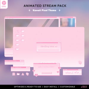 Puede incluir: Paquete de transmisión animado con un tema de píxeles kawaii. El paquete incluye un fondo rosa con un patrón de cuadrícula, un mensaje de 'próximamente', una alerta de nuevo suscriptor y una sección de 'sobre mí'. El paquete está optimizado y listo para usar, es fácil de instalar y personalizable.