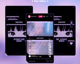 Neo-Tokyo, Cyberpunk Anime TikTok Overlay Pack, Neon Purple & Black Animated Stream Package, Gaming Glitchcore TikTok Live Studio Scenes