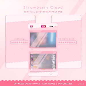Puede incluir: Un paquete de transmisión en vivo vertical Strawberry Cloud con superposiciones digitales rosas y bordes festoneados. La interfaz incluye una ventana de video en vivo, chat con iconos de usuario, barras de carga en forma de corazón y texto.