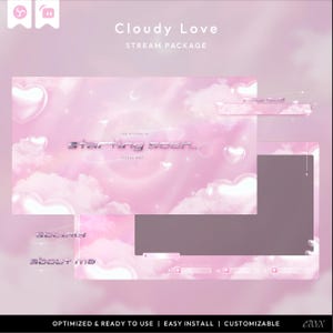 Puede incluir: Un paquete de transmisión digital con un fondo de nubes rosa y blanco suave. El texto "Cloudy Love" y "Stream Package" están en la parte superior. También son visibles las palabras "starting soon...", "socials" y "about me". El paquete está optimizado, es fácil de instalar y personalizable.