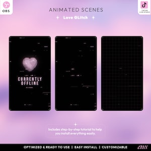 May include: Animated scenes with a pink and black theme. The image features three rectangular panels with a pink and purple gradient background. The first panel displays a pink heart and the words "CURRENTLY OFFLINE". The text "Love GLitch" is also visible.