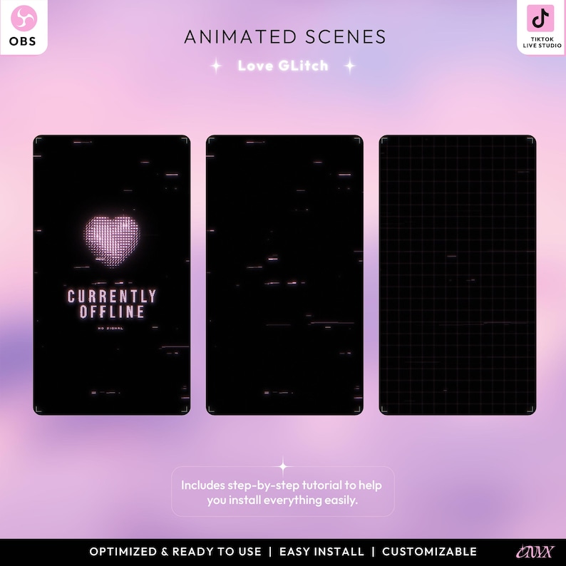 May include: Animated scenes with a pink and black theme. The image features three rectangular panels with a pink and purple gradient background. The first panel displays a pink heart and the words "CURRENTLY OFFLINE". The text "Love GLitch" is also visible.