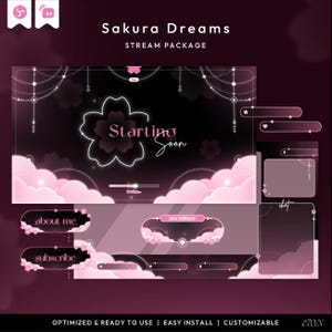 Peut inclure: Un ensemble de flux numérique "Sakura Dreams" avec un thème rose foncé et noir. Le design comprend une fleur de cerisier, des nuages et des éléments décoratifs. Le texte comprend "Starting Soon", "about me", "subscribe", et "new follower".