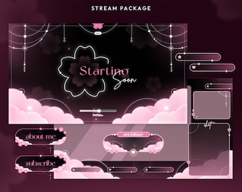 May include: A digital stream package titled "Sakura Dreams" with a dark pink and black color scheme. The design includes a large cherry blossom, clouds, and decorative elements. Text includes "Starting Soon", "about me", "subscribe", and "new follower".