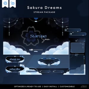Puede incluir: Un paquete de streaming digital titulado Sakura Dreams con fondos azul oscuro, nubes blancas, contornos brillantes de flores de cerezo, adornos de estrellas colgantes y textos como Starting Soon, about me, subscribe y chat.