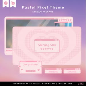 Puede incluir: Un paquete de transmisión digital rosa pastel con un diseño de corazón pixelado. El paquete incluye pantallas superpuestas con el texto "Starting Soon", "New Subscriber" y botones para donaciones y suscripciones. El texto "Pastel Pixel Theme" está en la parte superior.