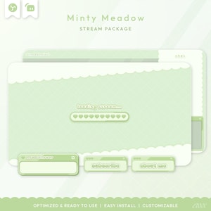 Puede incluir: Un paquete de transmisión digital verde menta. El diseño incluye una barra de carga con corazones y ventanas etiquetadas como "new follower", "subscribe" y "about me". El texto "Minty Meadow STREAM PACKAGE" está en la parte superior.