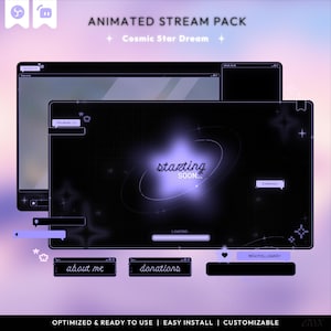 May include: Animated stream pack with a cosmic star dream theme. The design features a dark interface with purple accents, including the text "starting soon." Additional elements include "about me," "donations," and "new follower" sections. The design is optimized and ready to use.