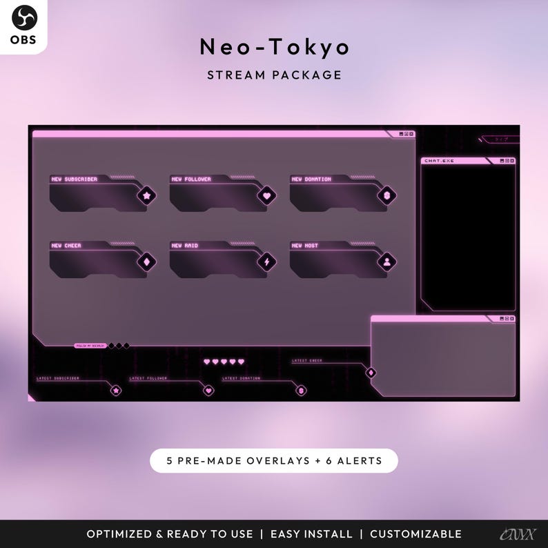 Może przedstawiać: Cyfrowy pakiet nakładek do streamowania, zatytułowany "Neo-Tokyo". Projekt charakteryzuje się ciemnofioletową i czarną kolorystyką z geometrycznymi kształtami i etykietami tekstowymi dla alert&oacute;w, w tym "New Subscriber" i "New Donation". Pakiet zawiera 5 gotowych nakładek i 6 alert&oacute;w.