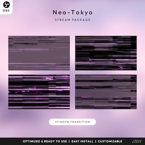 Może przedstawiać: Pakiet streamingu sztuki cyfrowej zatytułowany "Neo-Tokyo" z fioletowo-czarną kolorystyką. Pakiet zawiera cztery abstrakcyjne panele glitch art i tekst "Stinger Transition". Na dole obrazu widnieje napis "Zoptymalizowany i gotowy do użycia | Łatwa instalacja | Konfigurowalny".