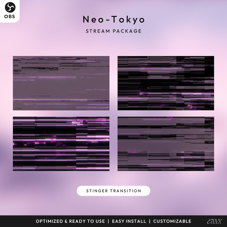 Może przedstawiać: Pakiet streamingu sztuki cyfrowej zatytułowany "Neo-Tokyo" z fioletowo-czarną kolorystyką. Pakiet zawiera cztery abstrakcyjne panele glitch art i tekst "Stinger Transition". Na dole obrazu widnieje napis "Zoptymalizowany i gotowy do użycia | Łatwa instalacja | Konfigurowalny".