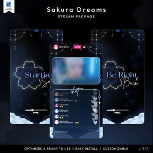 May include: A digital stream package titled Sakura Dreams featuring dark blue backgrounds with glowing cherry blossom outlines, hanging string lights, and cloud graphics. The interface includes a live video frame, chat box, and loading bars.