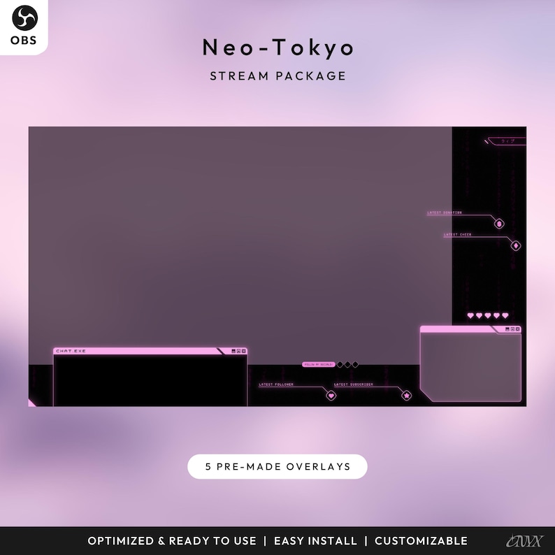 Może przedstawiać: Cyfrowy pakiet nakładek do streamowania, z motywem Neo-Tokyo. Projekt zawiera duży centralny obszar wyświetlania, z r&oacute;żowymi i czarnymi elementami do czatu, alert&oacute;w i innych informacji o strumieniu. 5 gotowych nakładek.