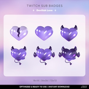May include: Six purple heart-shaped Twitch sub badges are displayed. The badges include a broken heart, a solid heart, and hearts with devil horns, wings, and tails. The text "TWITCH SUB BADGES" and "Devilish Love" are at the top.