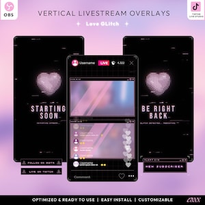 Może przedstawiać: Pionowe nakładki do transmisji na żywo w czarno-różowej estetyce. Projekt zawiera grafikę w kształcie serca, tekst "STARTING SOON" i monity mediów społecznościowych. Nakładki są zoptymalizowane, łatwe w instalacji i konfigurowalne.