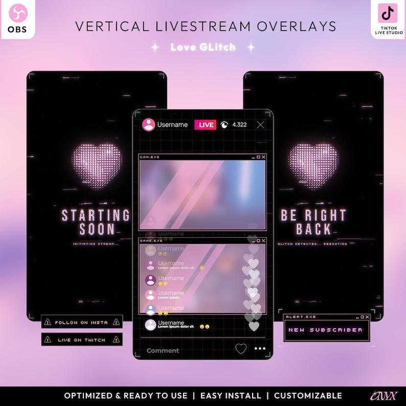 May include: Vertical livestream overlays with a black and pink aesthetic. The design includes a heart-shaped graphic, the text "STARTING SOON", and social media prompts. The overlays are optimized, easy to install, and customizable.