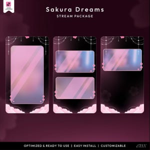 May include: A digital stream package titled "Sakura Dreams" with a pink and black theme. The design includes decorative elements like cherry blossoms and clouds. The package is optimized, easy to install, and customizable.