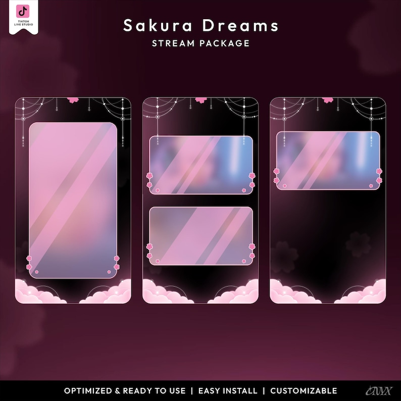 May include: A digital stream package titled "Sakura Dreams" with a pink and black theme. The design includes decorative elements like cherry blossoms and clouds. The package is optimized, easy to install, and customizable.