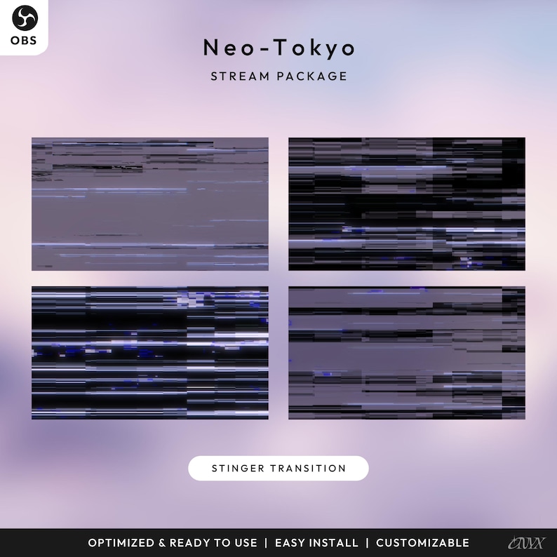 May include: A digital art design for a stream package titled "Neo-Tokyo". The design features four rectangular panels with glitch-style effects in shades of purple, black, and white. The text "STINGER TRANSITION" is displayed in a white rectangle.