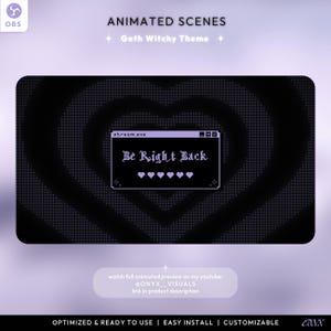 May include: Animated scene with a black and white heart-shaped background with a purple pixelated border. A computer window with the text "stream.exe" and "Be Right Back" is in the center of the heart. The window has a purple border and a black background. There are six small purple hearts in a row at the bottom of the window.