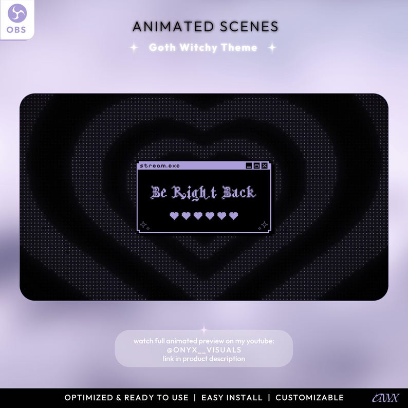 May include: Animated scene with a black and white heart-shaped background with a purple pixelated border. A computer window with the text "stream.exe" and "Be Right Back" is in the center of the heart. The window has a purple border and a black background. There are six small purple hearts in a row at the bottom of the window.