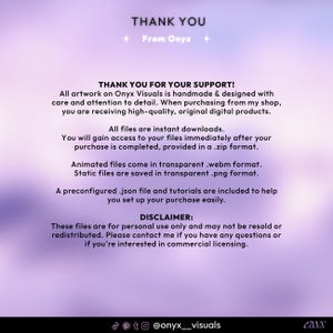 May include: A digital art graphic with a gradient purple background. The text "THANK YOU" and "From Onyx" are at the top. The text "THANK YOU FOR YOUR SUPPORT!" and other details about the digital products are in the center.