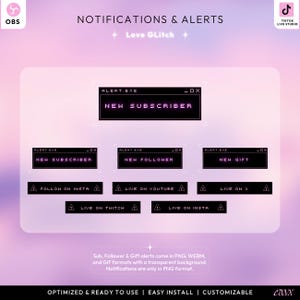 May include: Digital streaming alerts with a pink and black theme. The image features several alert boxes with text like "New Subscriber" and "New Follower." Additional text includes "Follow on Insta" and "Live on YouTube."