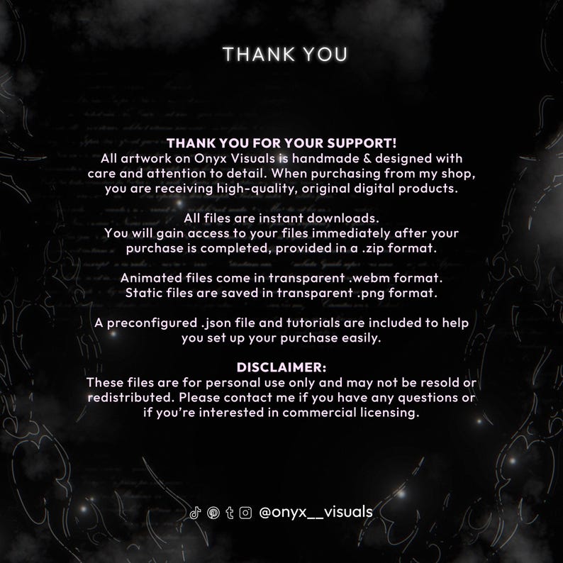 May include: A digital product thank you card with a dark background and white text. The card includes the text "THANK YOU" at the top, followed by a message of appreciation and details about the digital files, including file formats and usage.