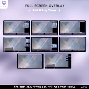 May include: A digital overlay for streaming with a goth witchy theme. The overlay features a black and white design with a blurred background. The text "FULL SCREEN OVERLAY" and "Goth Witchy Theme" is displayed at the top of the image.