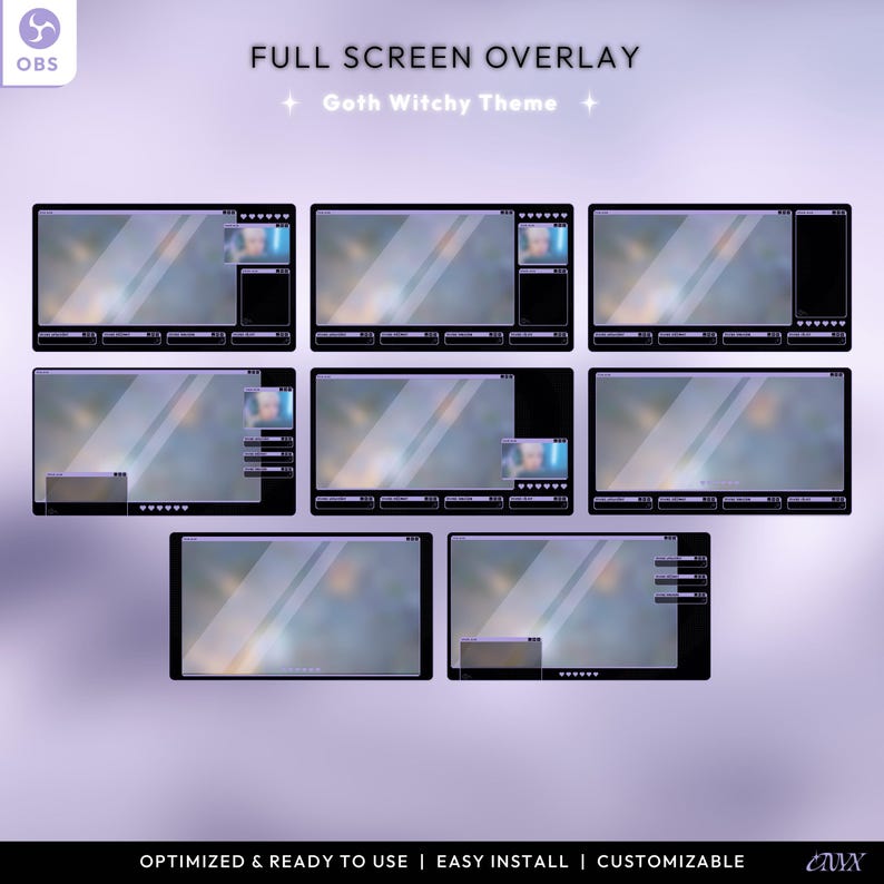 May include: A digital overlay for streaming with a goth witchy theme. The overlay features a black and white design with a blurred background. The text "FULL SCREEN OVERLAY" and "Goth Witchy Theme" is displayed at the top of the image.