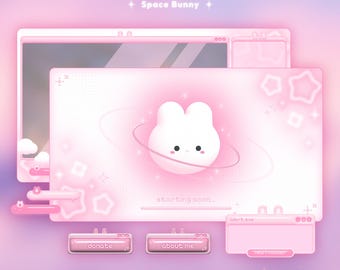 May include: A pink animated stream pack featuring a space bunny design. The pack includes a main screen, chat boxes, and buttons labelled "donate" and "about me." The text "starting soon" is visible. The pack is optimised, easy to install, and customisable.