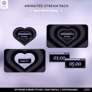 May include: Animated stream pack with a goth witchy theme. The pack includes a loading screen with a heart shape and a timer with a black background and white text. The text on the timer reads "01:00" and "05:00".