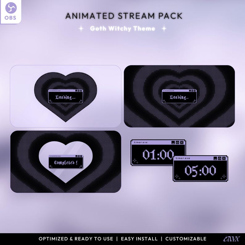 May include: Animated stream pack with a goth witchy theme. The pack includes a loading screen with a heart shape and a timer with a black background and white text. The text on the timer reads "01:00" and "05:00".