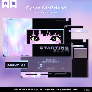 Cyber Girlfriend, Cyberpunk Anime Twitch Overlay Pack, Neon Pastels Animated Stream Package, Gaming Overlay, Glitchcore OBS Scenes