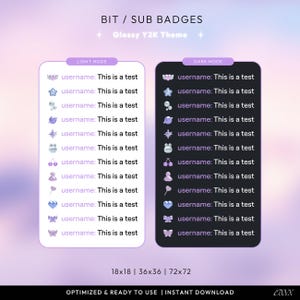 May include: Digital bit and sub badges in a glossy Y2K theme. The image shows two sets of badges, one in light mode and one in dark mode, each with various icons and the text "username: This is a test". The sizes are 18x18, 36x36, and 72x72.