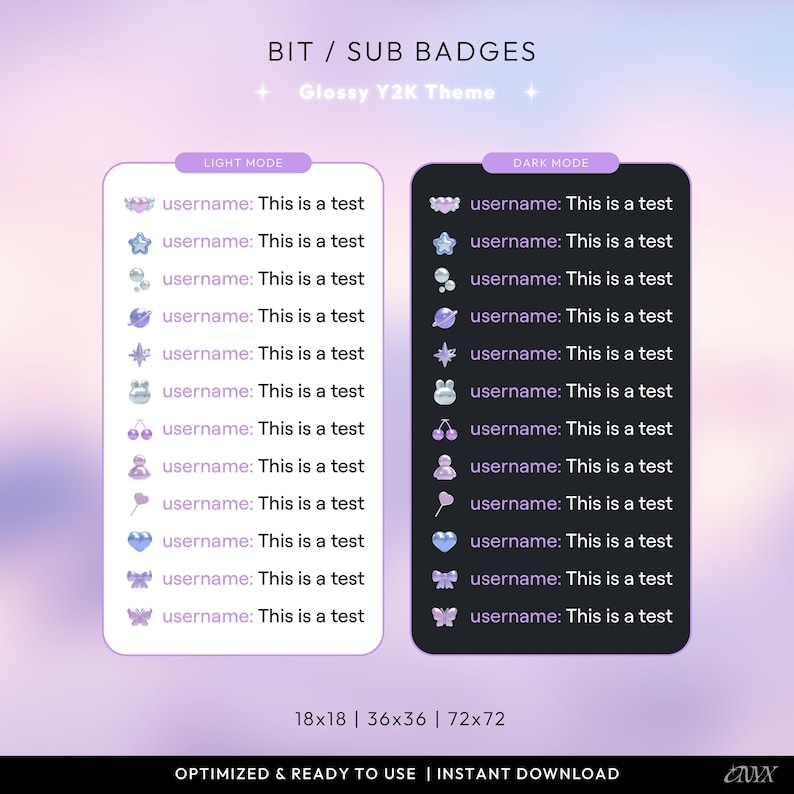 May include: Digital bit and sub badges in a glossy Y2K theme. The image shows two sets of badges, one in light mode and one in dark mode, each with various icons and the text "username: This is a test". The sizes are 18x18, 36x36, and 72x72.