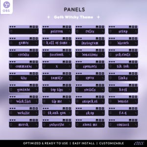 May include: A set of 24 purple and black Twitch panels with gothic font. The panels feature text such as "patreon", "rules", "setup", "games", "hall of fame", "instagram", "discord", "credits", "facebook", "donations", "schedule", "commands", "sponsors", "tik tok", "bits", "tumblr", "specs", "links", "youtube", "top tips", "socials", "ko-fi", "wishlist", "tip me", "snapchat", "donate", "website", "thank you", "shop", "f.a.q", "merch", "subscribe", "about me", and "contact".