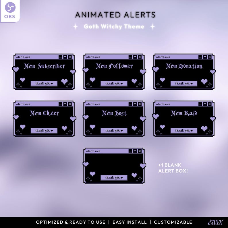 May include: Animated alerts for streaming, featuring a goth witchy theme. The alerts are in a pixelated style with a black background and purple accents. The text includes "New Subscriber", "New Follower", "New Donation", "New Cheer", "New Host", "New Raid", and "+1 Blank Alert Box!"