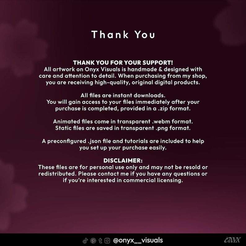 May include: A digital art graphic with the words "Thank You" in white text on a dark burgundy background. The text provides information about the digital products, including instant downloads and file formats.