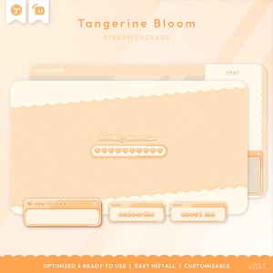 May include: A digital stream package titled "Tangerine Bloom" with a light orange color scheme. The design includes a loading bar with hearts, and windows labeled "new follower", "subscribe", and "about me". The package is optimized and ready to use.