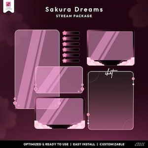May include: A digital stream package titled "Sakura Dreams" with a pink and white theme. The package includes various overlay elements such as chat boxes, screens, and status bars, all adorned with cherry blossom accents. The text "chat" is visible. The package is optimized, easy to install, and customizable.