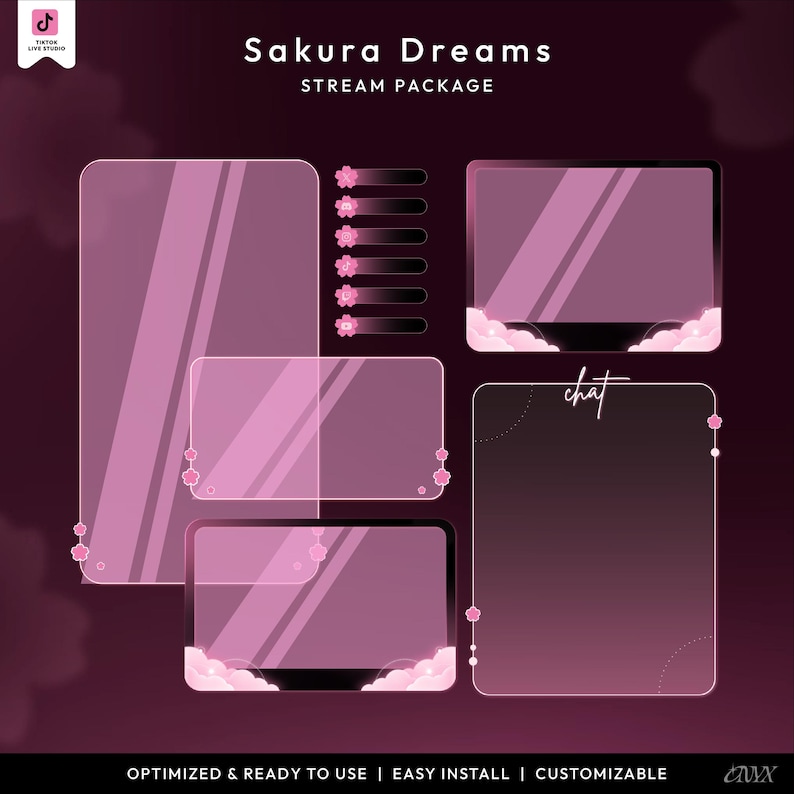 May include: A digital stream package titled "Sakura Dreams" with a pink and white theme. The package includes various overlay elements such as chat boxes, screens, and status bars, all adorned with cherry blossom accents. The text "chat" is visible. The package is optimized, easy to install, and customizable.