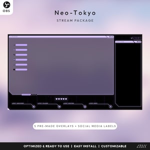 May include: A digital overlay package for streaming, titled "Neo-Tokyo." The design features a dark purple and black color scheme with a futuristic aesthetic. The package includes 5 pre-made overlays and social media labels. The text reads "Optimized & Ready to Use | Easy Install | Customizable."