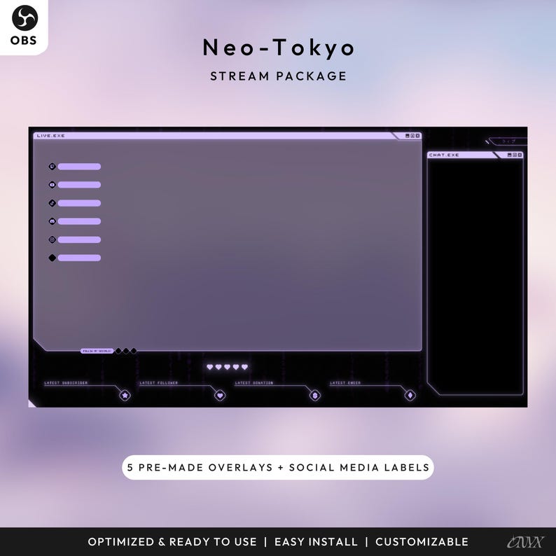 May include: A digital overlay package for streaming, titled "Neo-Tokyo." The design features a dark purple and black color scheme with a futuristic aesthetic. The package includes 5 pre-made overlays and social media labels. The text reads "Optimized & Ready to Use | Easy Install | Customizable."