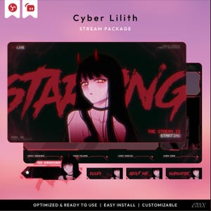Puede incluir: Un paquete de transmisión digital llamado "Cyber Lilith" con una estética oscura. El gráfico principal presenta un personaje de estilo anime con ojos y cuernos rojos. El texto "STAR NG" es prominente. Paneles adicionales incluyen "RULES" y "SUBSCRIBE".